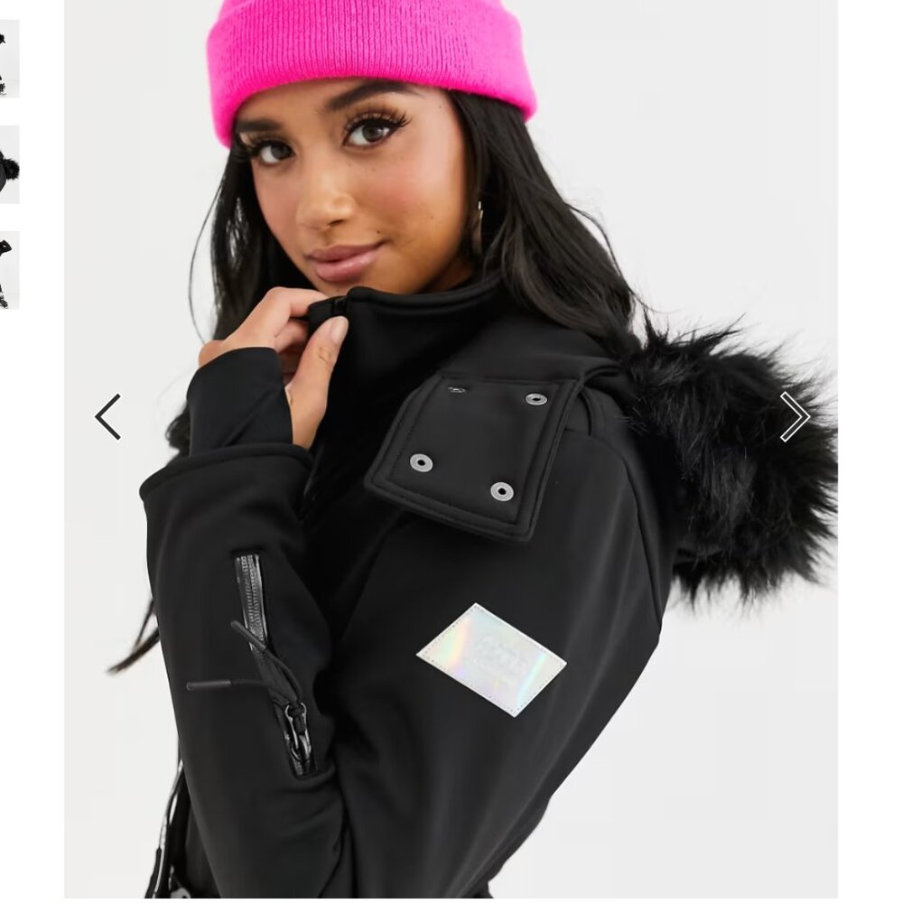 Sold out Petite ski fitted belted ski suit with faux fur hood ASOS 4505